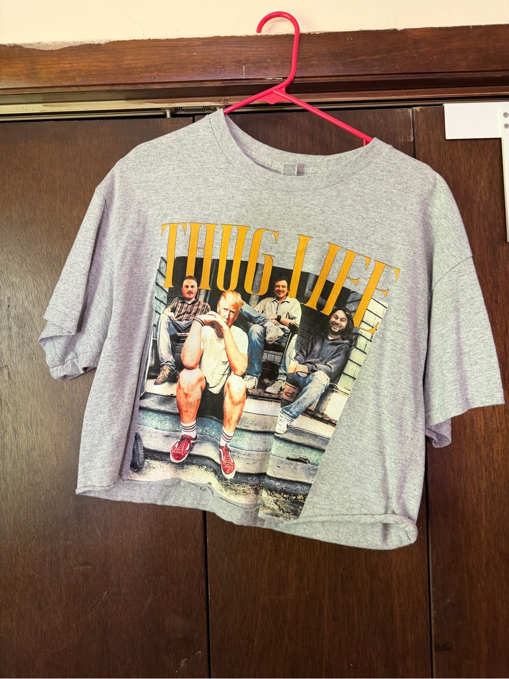 Gildan Gray Crop Tee with Yellow "THUG LIFE" Graphic